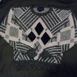 Vintage Barnaby Men's Black and White Sweater with Leather Details Size Large